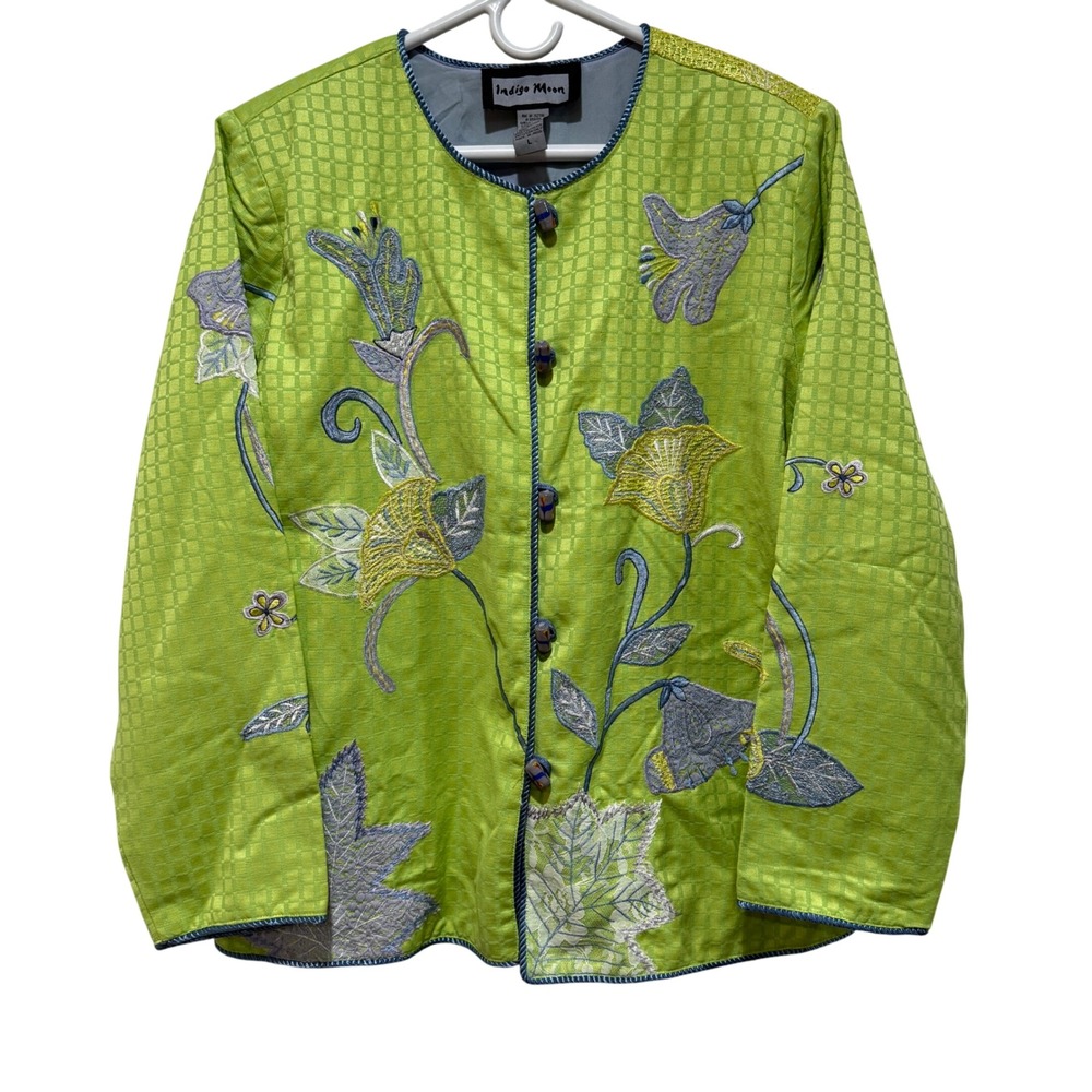 Indigo‎ Moon Floral Embroidered Blazer Jacket Large L Artsy Spring Transitional